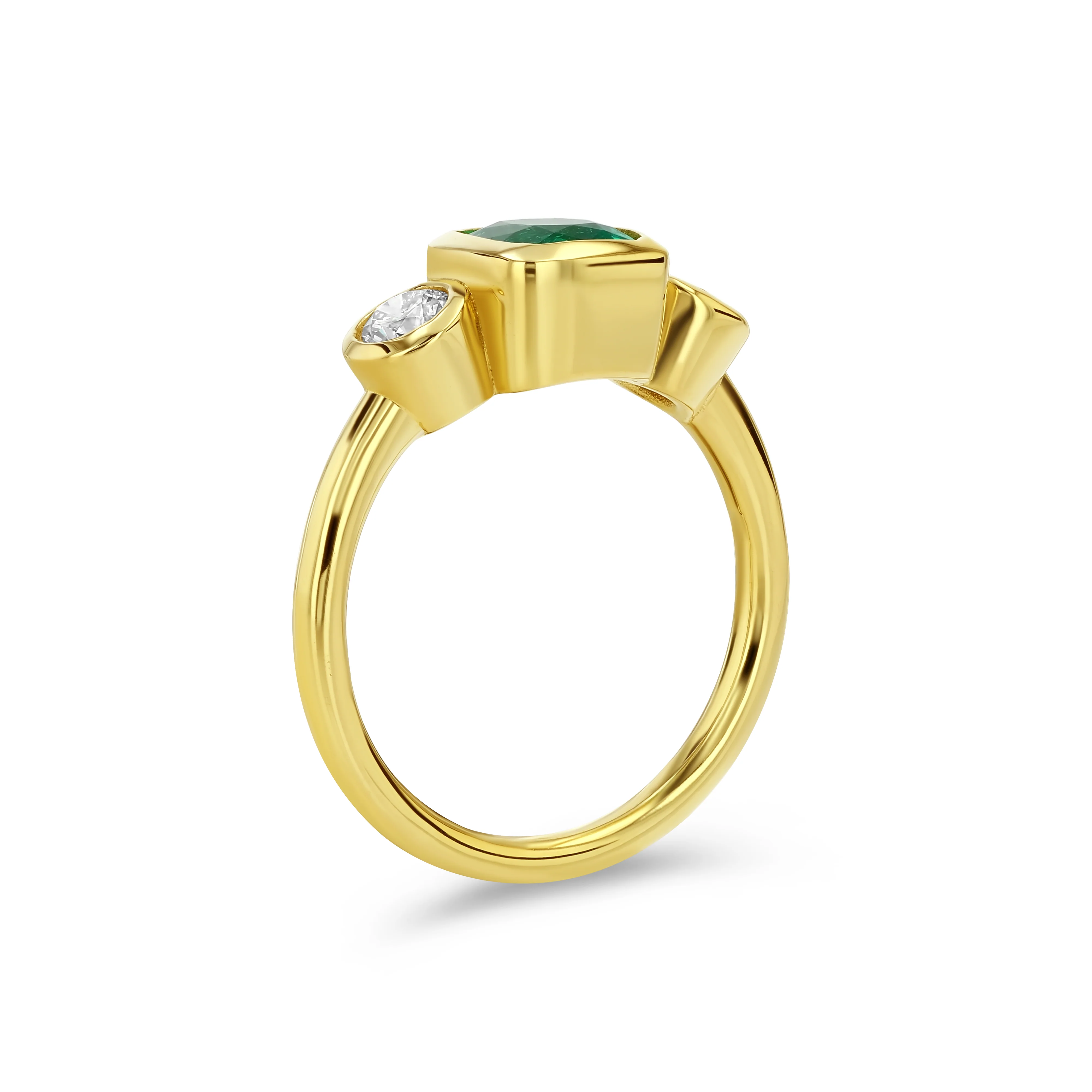1ct Muzo Emerald and Diamond Three Stone Bezel Ring - Image 3