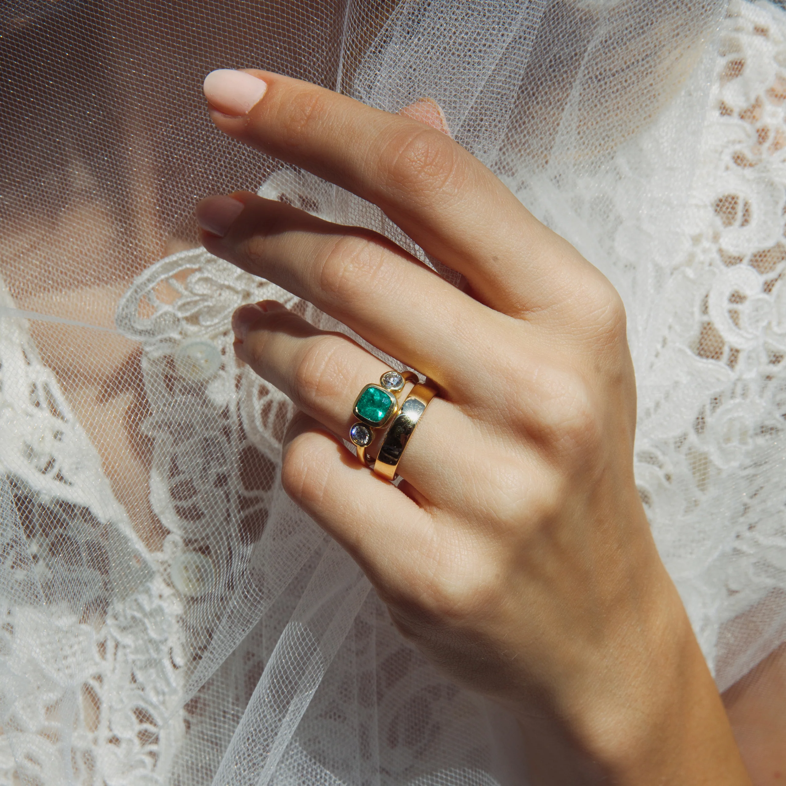 1ct Muzo Emerald and Diamond Three Stone Bezel Ring - Image 5