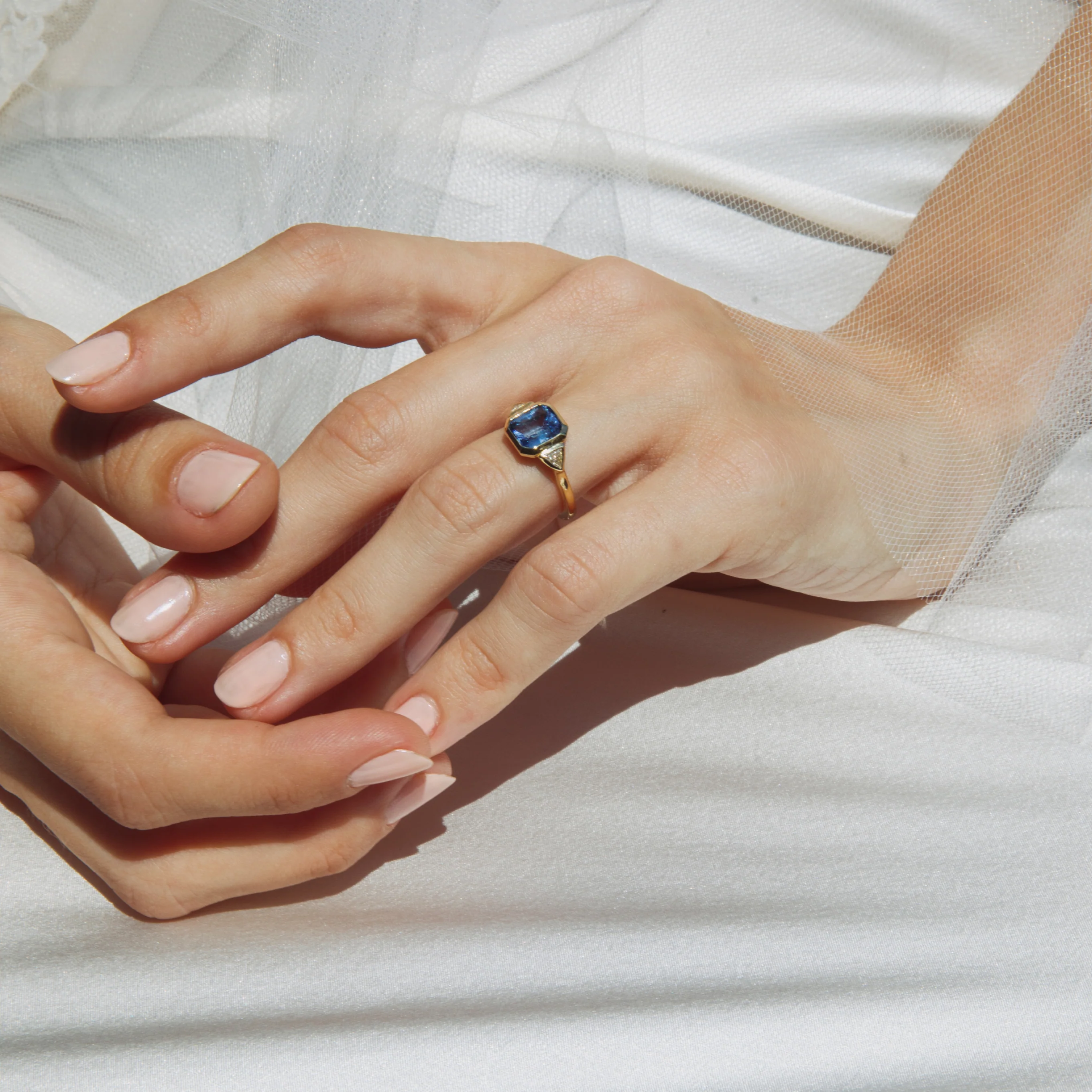 Sapphire and Diamond Trillion Three Stone Engagement Ring - Image 2