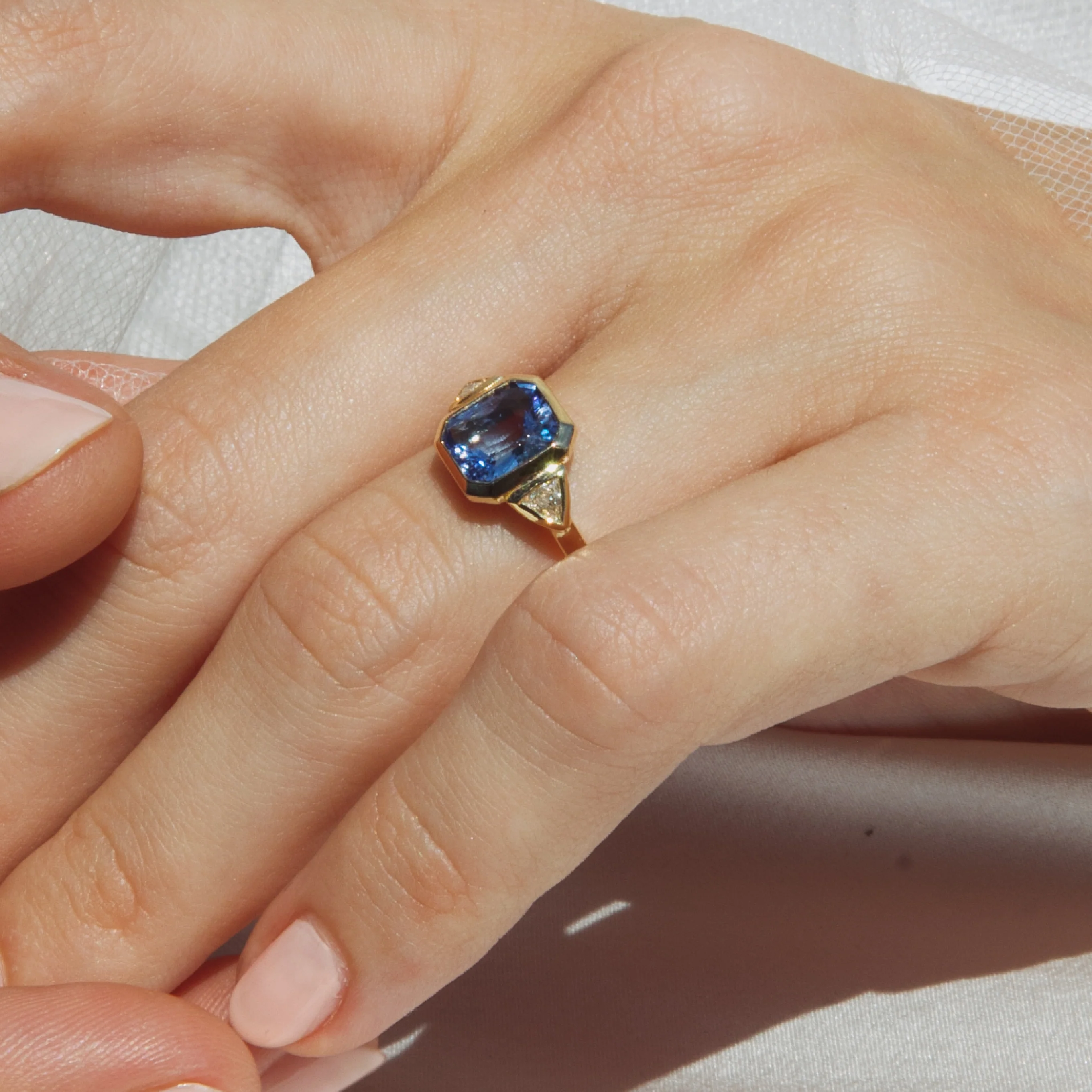 Sapphire and Diamond Trillion Three Stone Engagement Ring - Image 5
