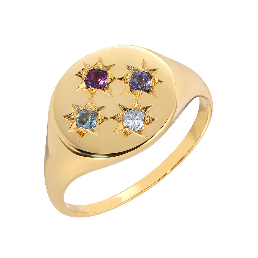Birthstone Compass Signet Ring 4 Stones