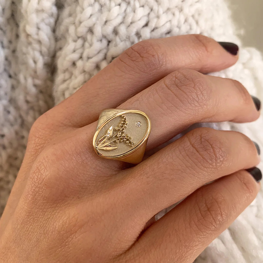 May Birth Flower Signet Ring - Image 5