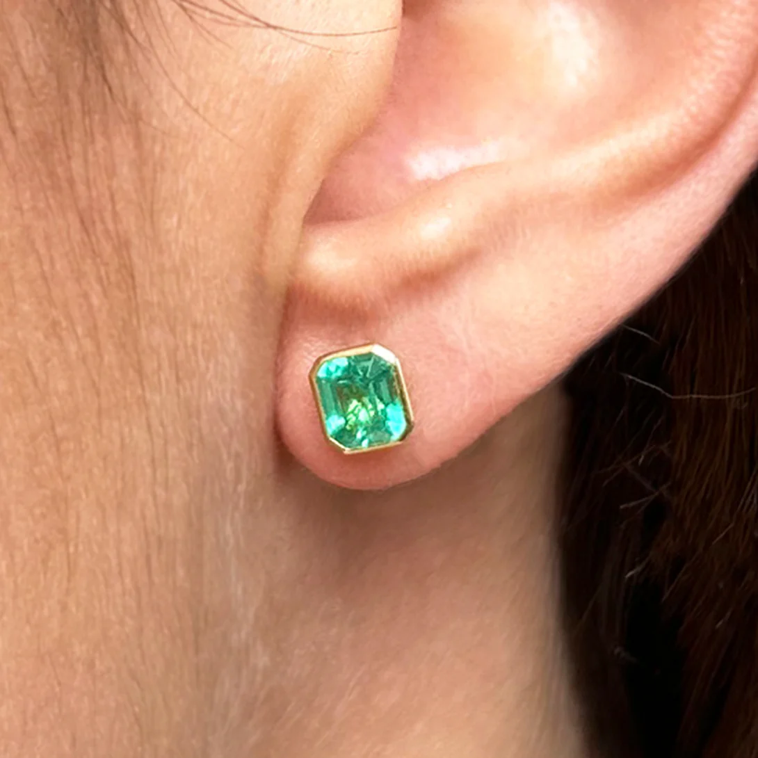 Muzo Emerald Bezel Set Earrings - Image 2