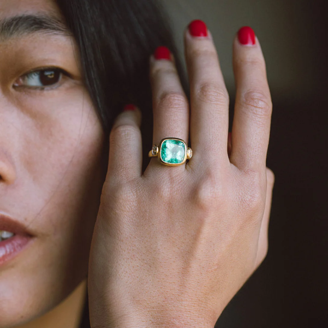 5.90ct Muzo Emerald Cushion Cut and Diamond Three Stone Ring - Image 2