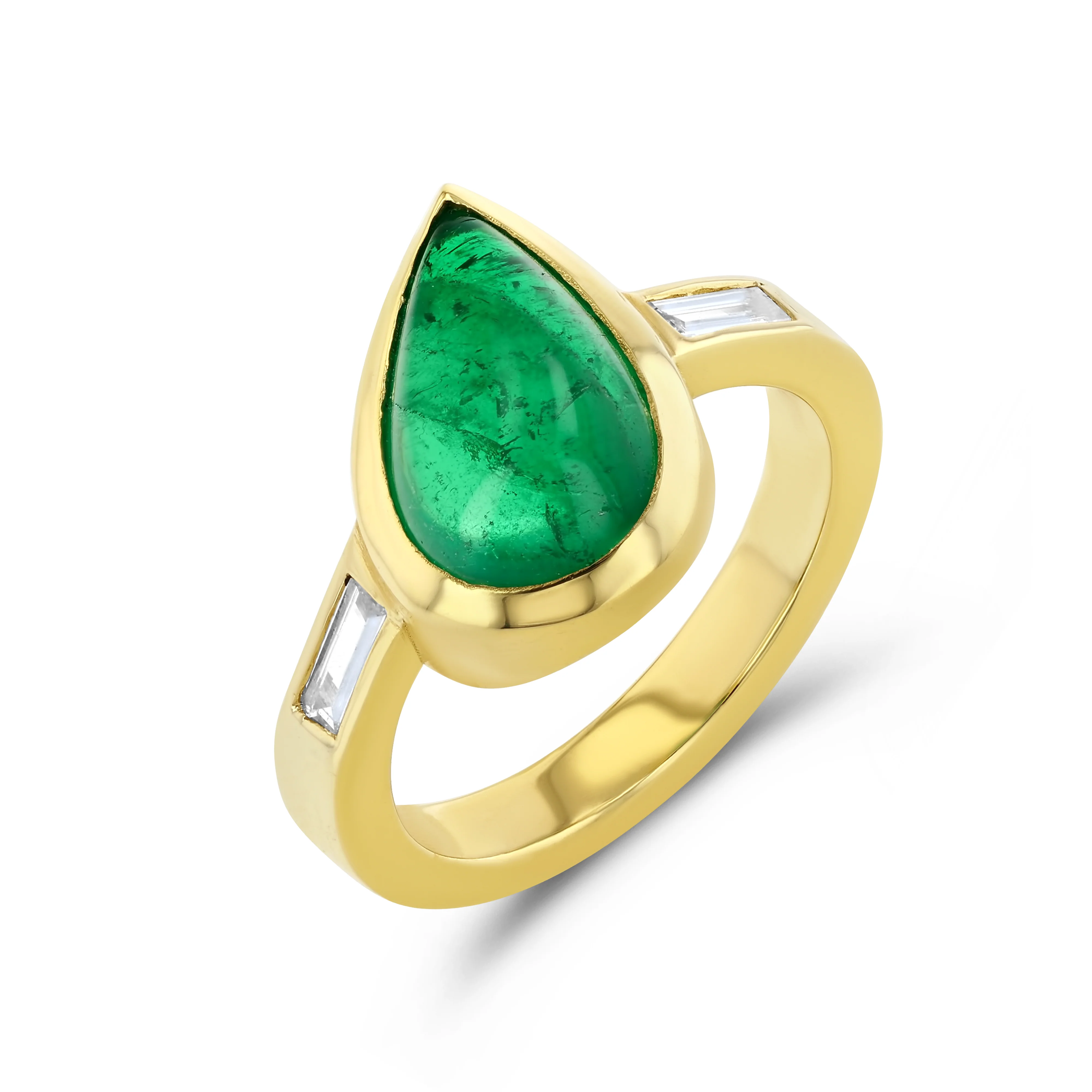 Emerald Pear Cabochon & Diamond Bezel Set Ring in 18k Yellow Gold
