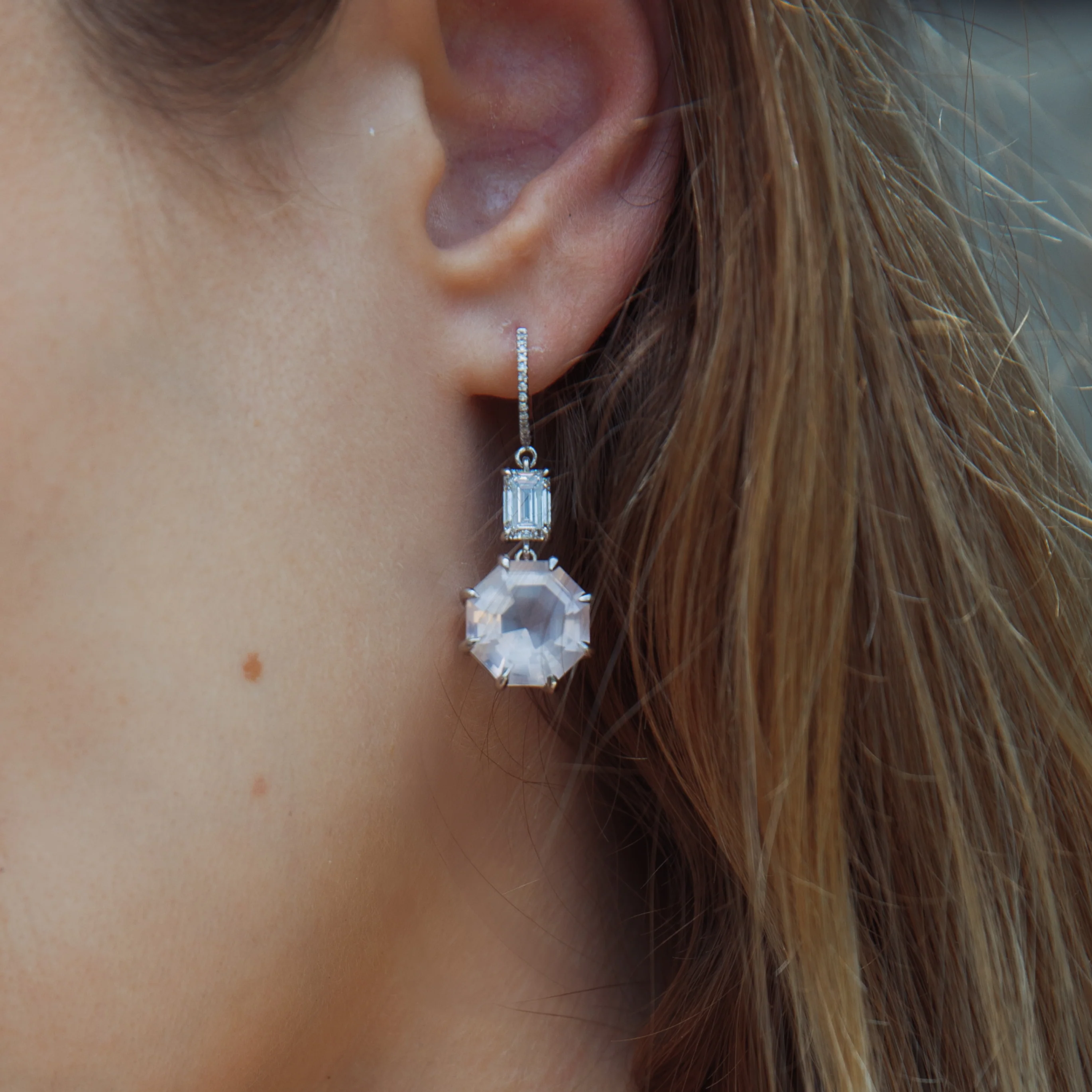 Rose Quartz & Lab Diamond Drop Earrings - Image 3